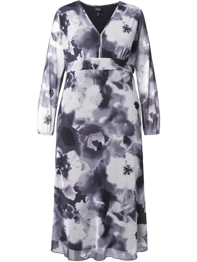 Ulla Popken Dames - Maxi-jurk van mesh bloemen A-lijn V-hals lange mouwen - Zwart