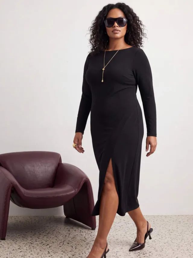 Trendyol Curve Dames Zwart Effen Midi Lang Bodycon Grote maten Jurk, foto 2