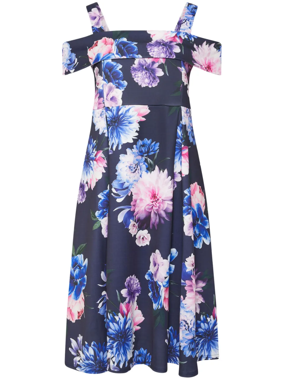 Yours London Marineblauwe Skaterjurk Met Bloemenprint En Blote Schouders, foto 5
