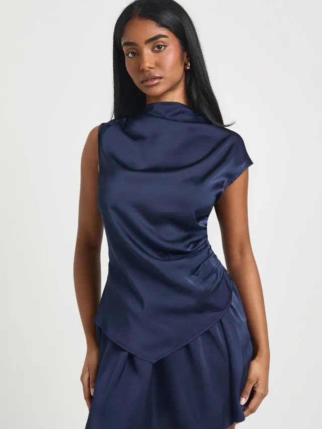 boohoo Dames Satijn Mini Jurk met Gerimpelde Details Marineblauw