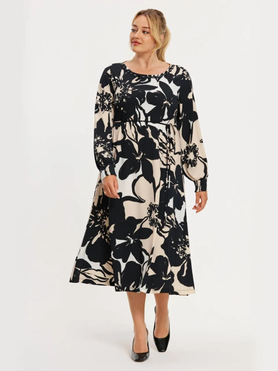Yoek Ombre midi jurk zwart Ecru/zwart