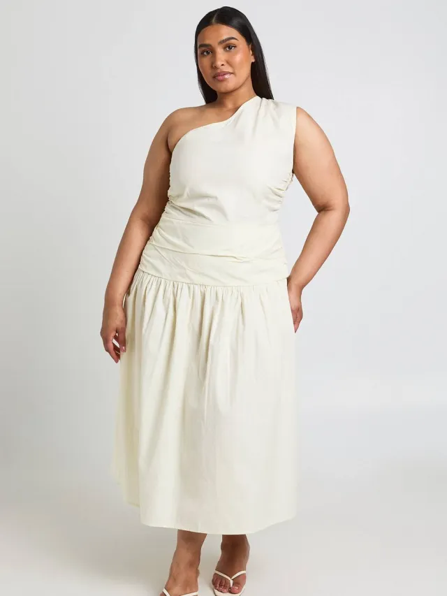 boohoo Dames Plus Katoenen Poplin Éen-schouder Gerimpelde Midaxi Jurk Citroen