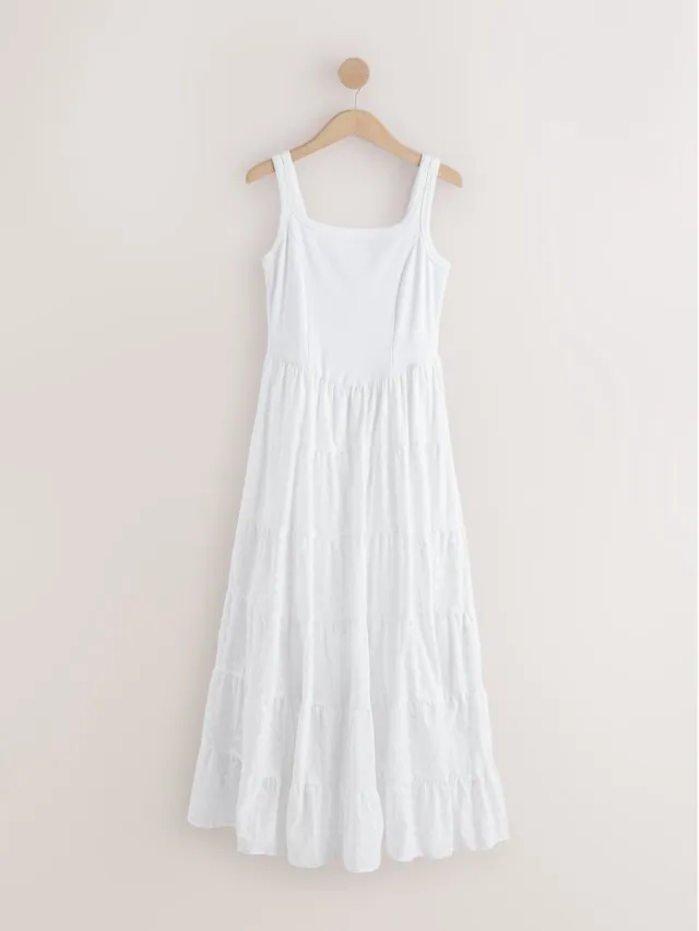 Next Dames - Mouwloze geribbelde midi-jurk met vierkante hals - Wit White Broderie