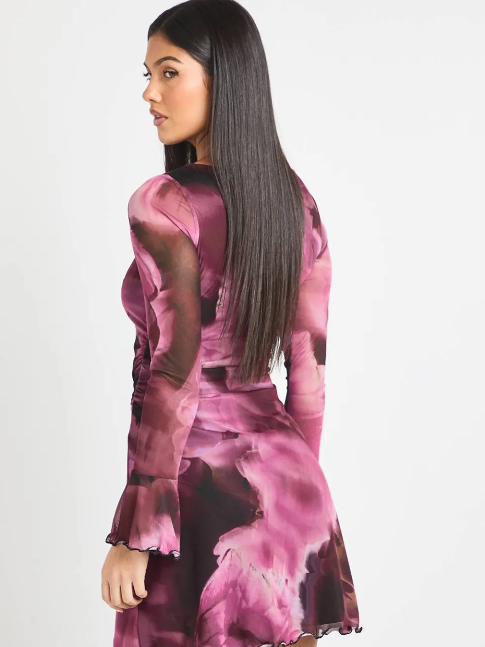 boohoo Dames Lange Bloemen A-Lijn Mesh Mini Jurk bordeaux rood, foto 3
