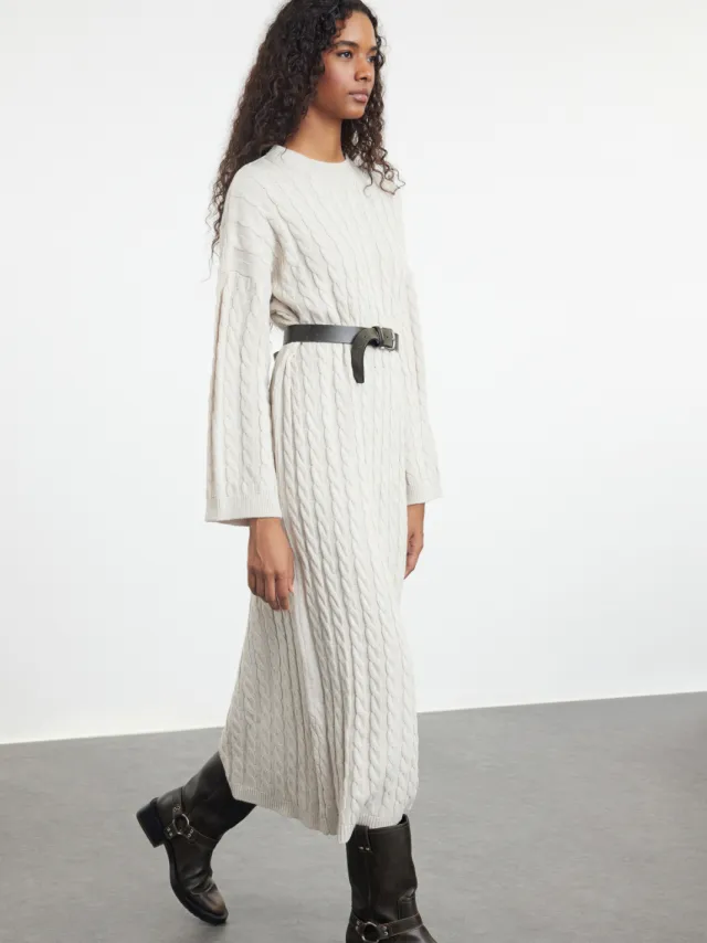 Trendyol TRENDYOLMİLLA Dames Grijs Kabelgebreid Maxi Lang Casual Recht Jurken, foto 2