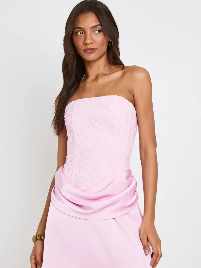 boohoo Dames Lange Getextureerde Doorschijnende Bloemen Kanten Corset Drape Mini Jurk baby roze, foto 2