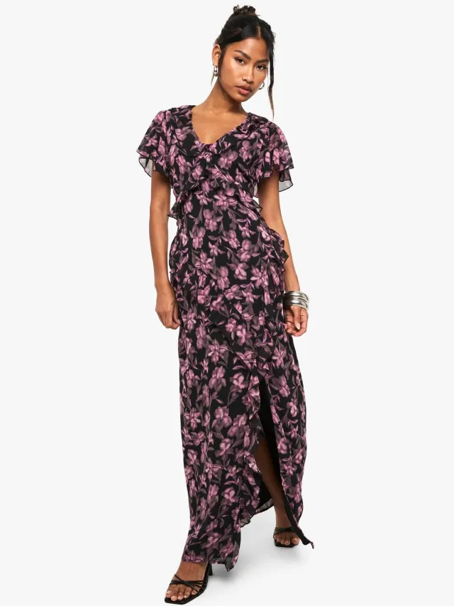 boohoo Dames Bloemen V-hals Gespleten Maxi Jurk Zwart