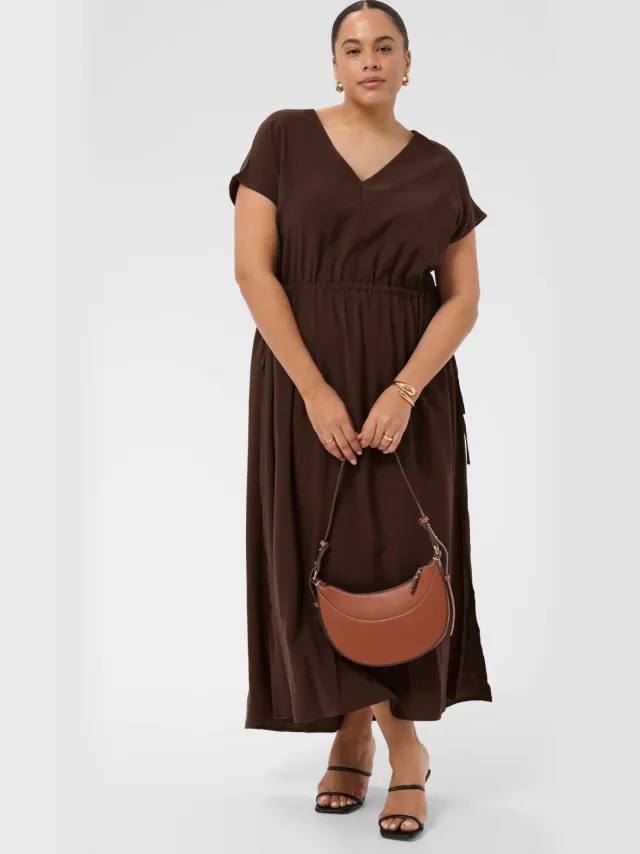 Kaffe Curve viscose midi jurk Plus Size - donkerbruin