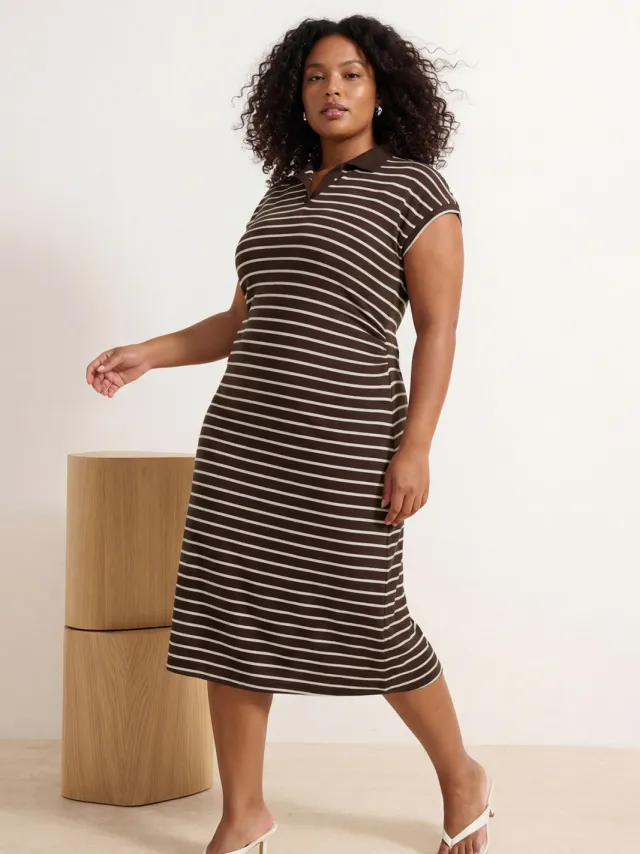 Trendyol Curve Dames Bruin Gestreept Midi Kort Casual A-lijn Grote maten Jurk