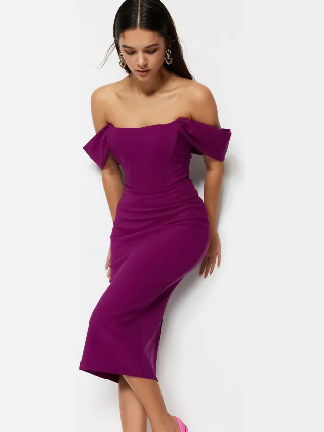 Trendyol TRENDYOLMİLLA Dames Paars Effen Midi Mouwloos Stijlvol/Avond Bodycon Jurken
