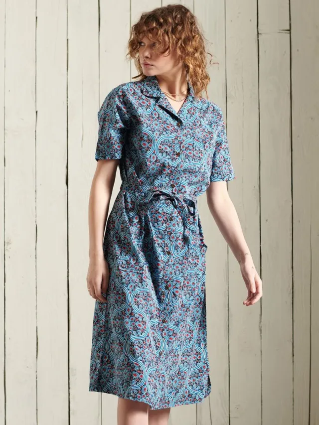 Superdry Printed Korte Mouw Jurk Blauw XS Vrouw Navy Printed