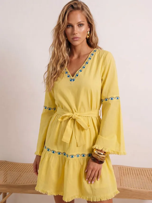 Trendyol TRENDYOLMİLLA Dames Geel Effen Extra Kort / Super Mini Lang Strandkleding Skater Strandjurken, foto 2