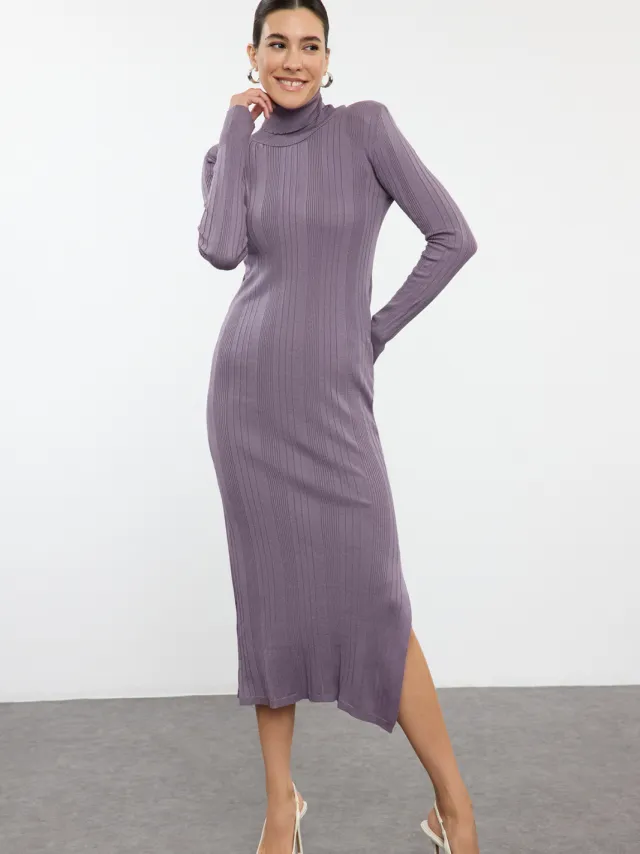 Trendyol TRENDYOLMİLLA Dames Paars Effen Maxi Lang Casual Bodycon Jurken Lila