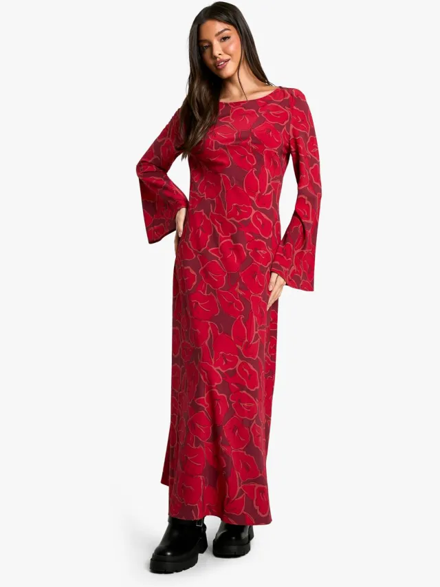 boohoo Dames Floral Flare Sleeve Maxi Dress Wijn