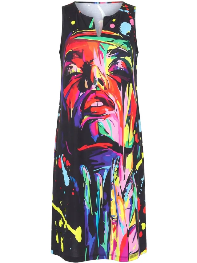 MIAMODA Dames - Jersey jurk A-lijn midi-lengte patroon mouwloos - Zwart