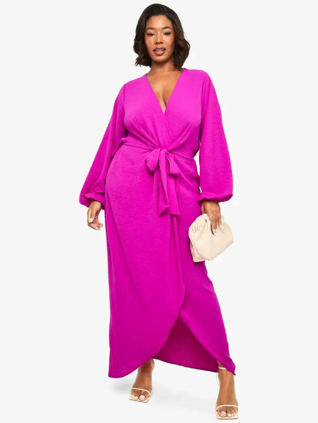 boohoo Dames Plus Textured Maxi-jurk met binddetail Fuchsia