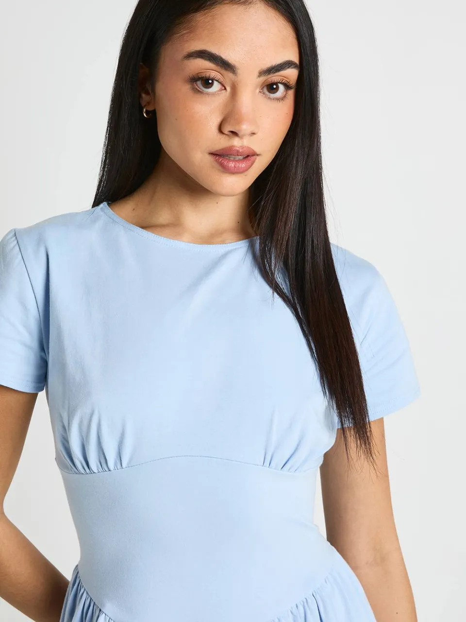 boohoo Dames Katoenen Skater Jurk Met Getailleerde Taille En Korte Mouwen babyblauw, foto 4