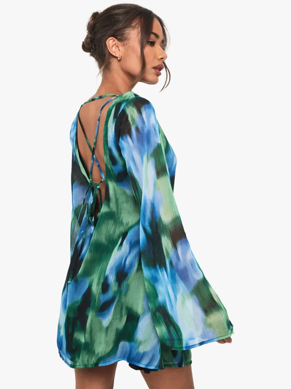 boohoo Dames Abstract bedrukte chiffon mini-jurk met uitlopende mouwen blauw, foto 2