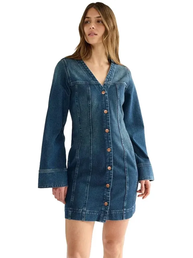 Wrangler Mod Lang Mouw Jurk Blauw Vrouw Saloon Shadow
