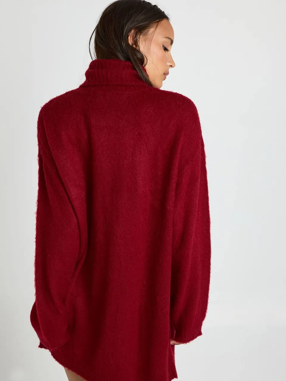 boohoo Dames Superzachte geborstelde gebreide rolhals minijurk bordeaux rood, foto 3