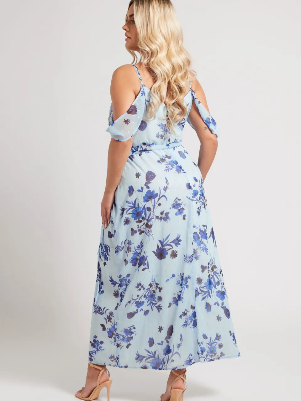 Yours London Midaxi Jurk Met Abstracte Print En Blote Schouders In Metallic Lichtblauw blauw, foto 5