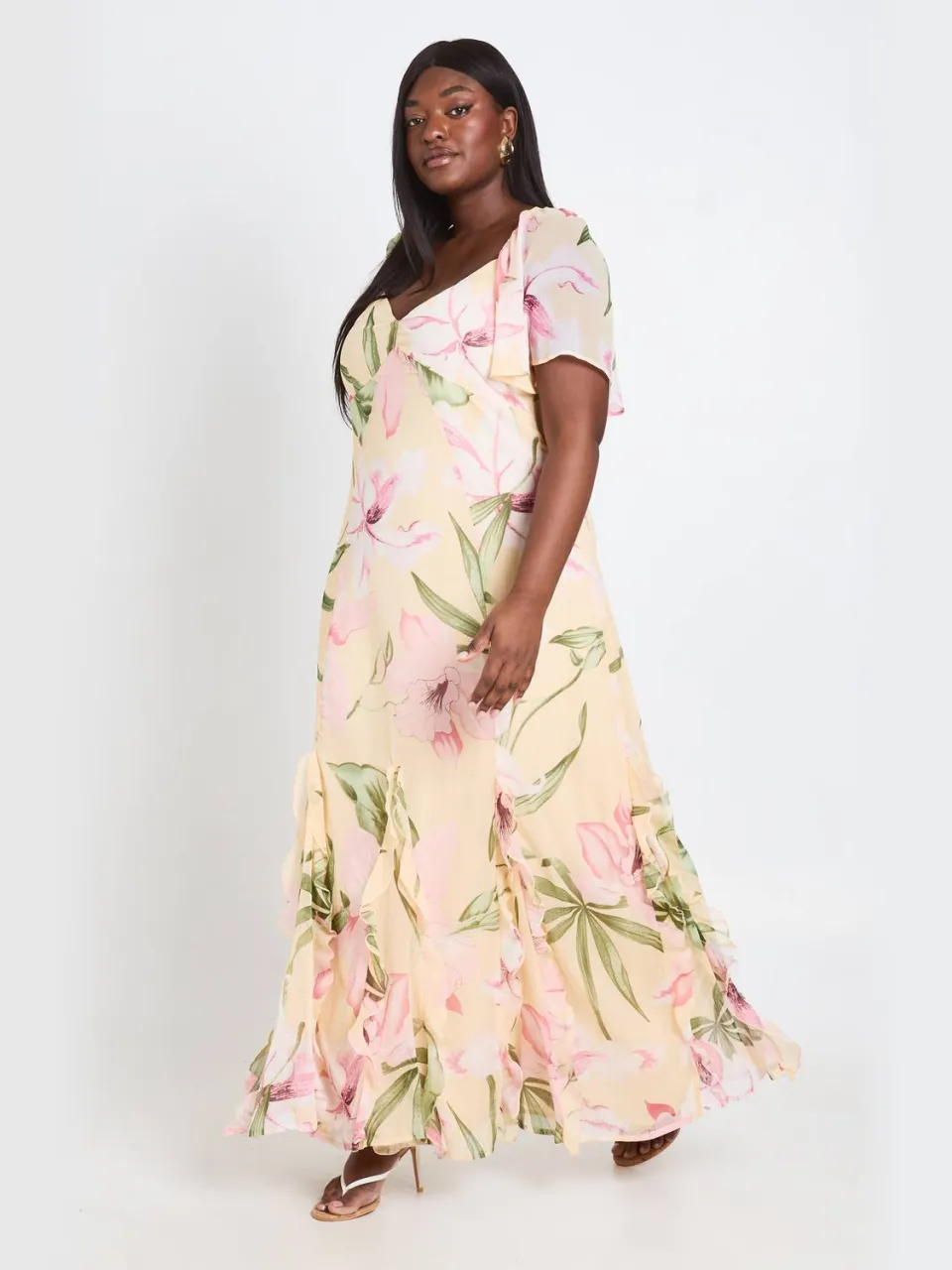 boohoo Dames Plus Bloemen Chiffon Pofmouw Ruches Maxi Jurk citroen, foto 3