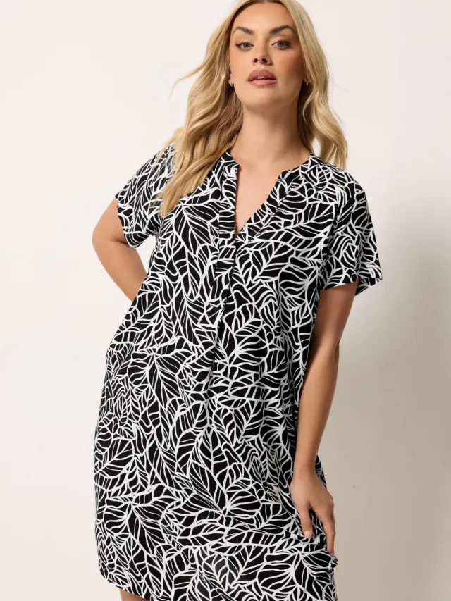 Yours Zwarte Jurk Met Abstract Bladmotief En Plooien Aan De Voorkant-56 Black