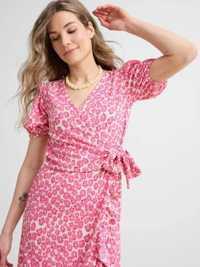 Anytime crinkle midi overslagjurk met bloemenprint roze, foto 3