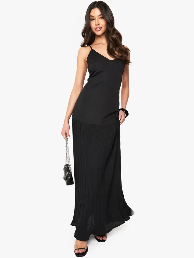 boohoo Dames Maxi-jurk met verlaagde taille en geplooide details Zwart