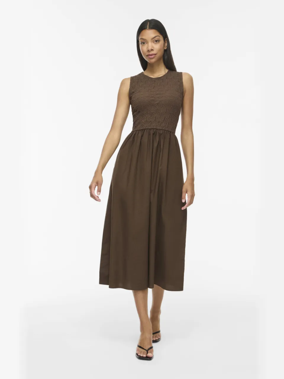 Vila katoenen jacquard midi jurk - donkerbruin