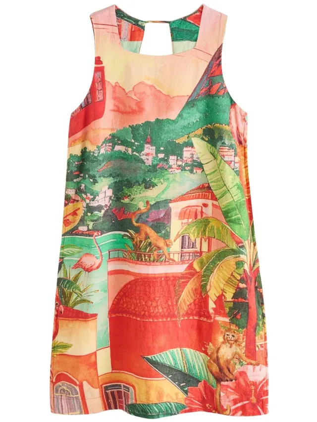 Next Dames - Linnenrijke mini-hemdjurk met vierkante hals - Tall - Rood Red/Green Scenic Print