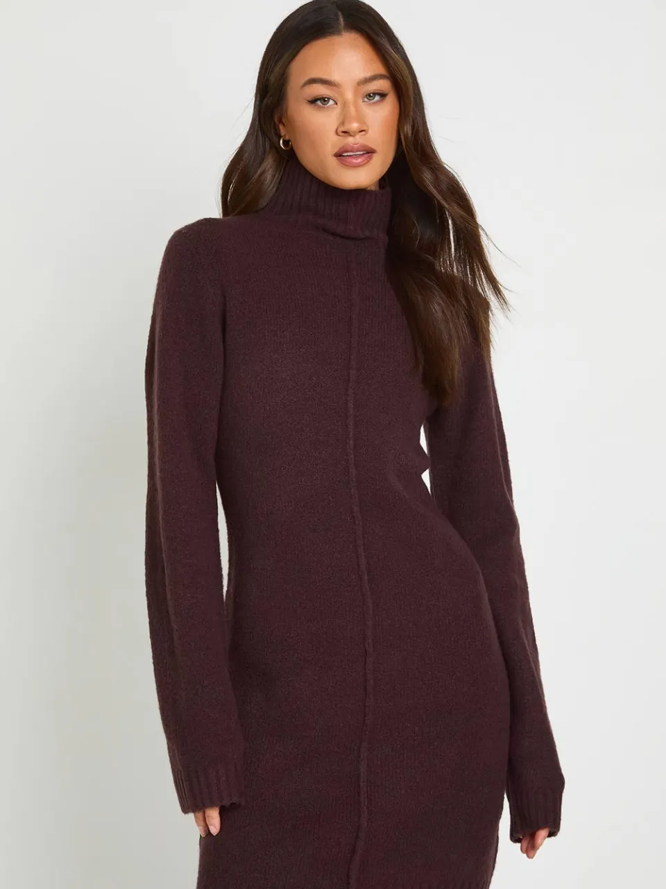 boohoo Dames Tall Hoogsluitende Gebreide Mini Trui-jurk Met Naaddetail chocoladebruin, foto 2