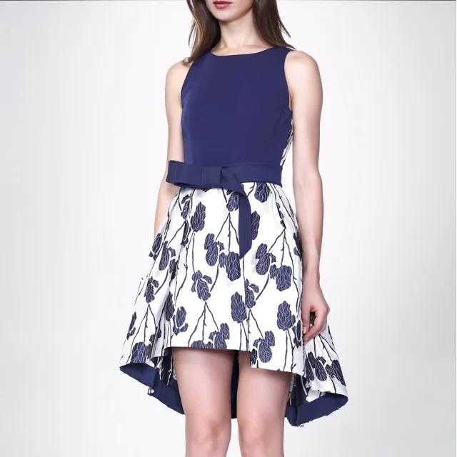 Smart & Joy Flower Jacquard Skater -jurk en toegevoegde riem Blauw