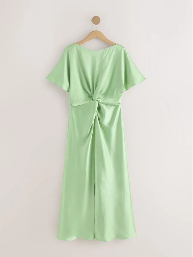 Next Dames - Getextureerde satijnen midi-jurk met korte mouwen en gedraaide voorkant - Groen Sage Green