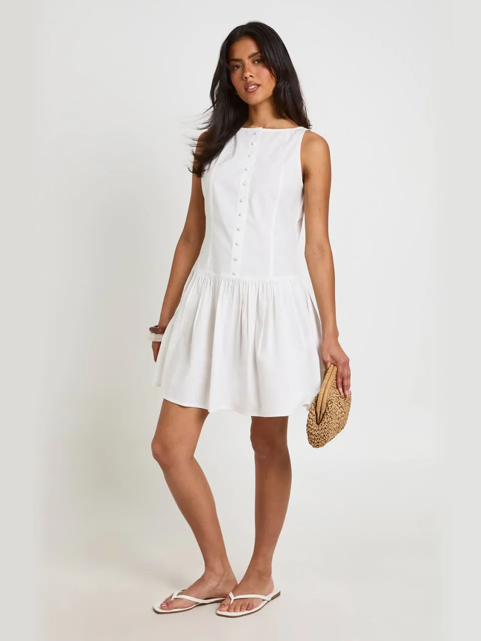 boohoo Dames Katoenen Popeline Mini-jurk Met Knoopsluiting En Boothals wit, foto 3