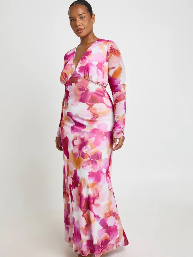 boohoo Dames Plus Bloemen Mesh V-hals Maxi Jurk Roze