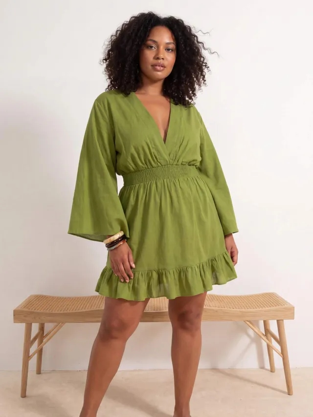 Trendyol Curve Dames Groen Effen Kort / Mini Lang Strandkleding Skater Grote maten Jurk
