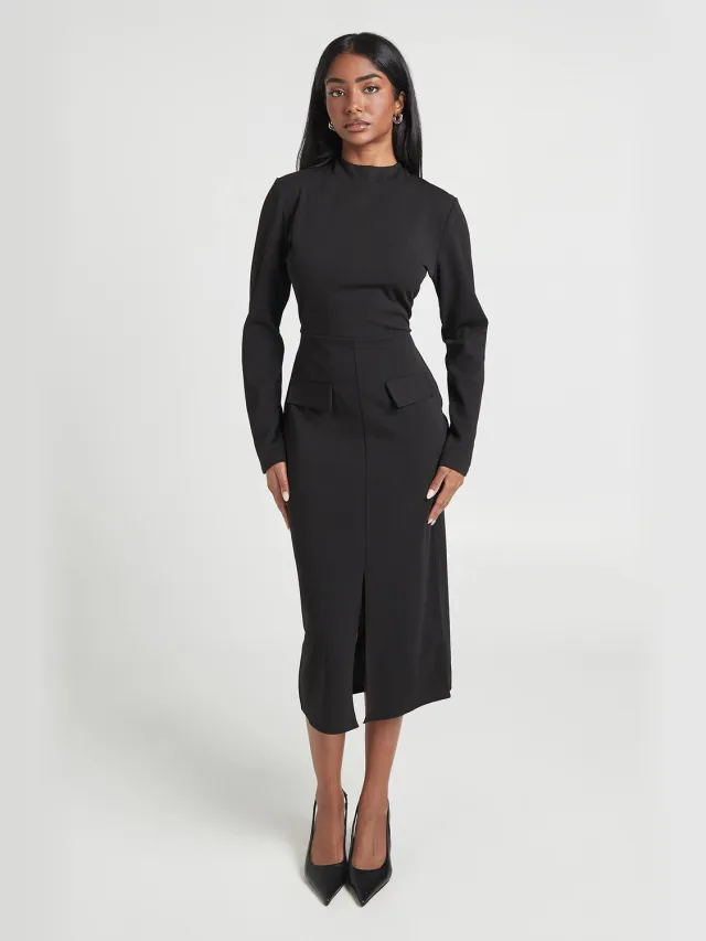 boohoo Dames Crepe Midi-jurk Met Hoge Hals, Lange Mouwen En Zakdetail Zwart