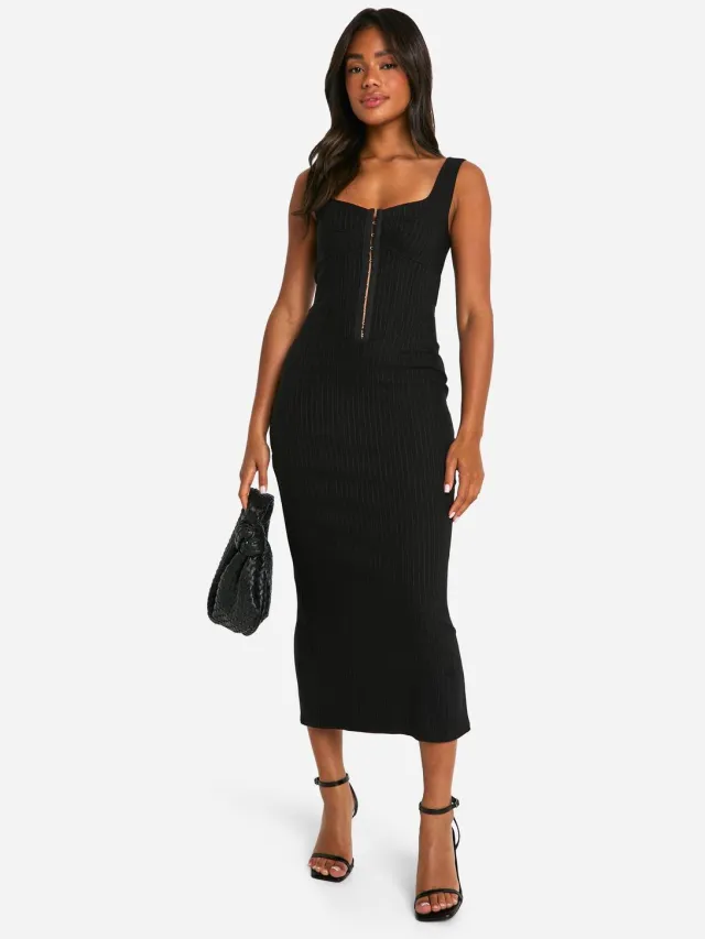 boohoo Dames Pinstripe Bengaline Haak-En-Oog Midaxi-Jurk Zwart