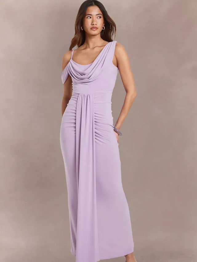 boohoo Dames Dubbele Laag Slinky Drape Voorkant Cold Shoulder Maxi Jurk Lila
