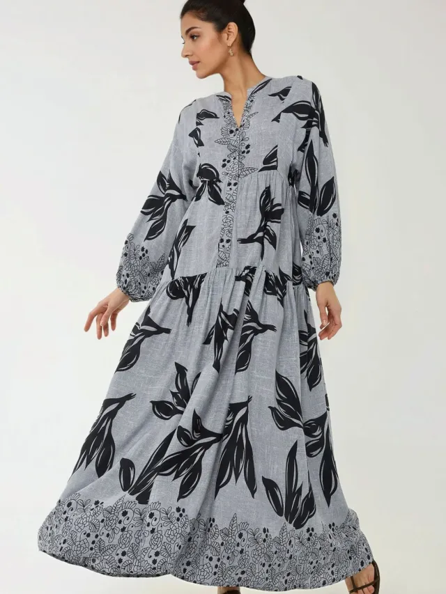 Hiccup Geprinte Lange Mouwen Viscose Maxi Jurk Marineblauw
