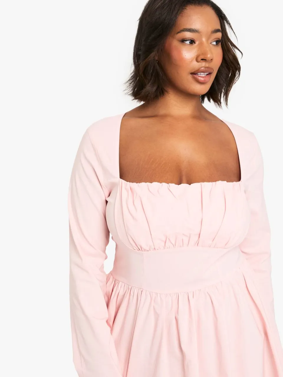 boohoo Dames Plus Bengaline Korset Langemouw Skaterjurk baby roze, foto 4