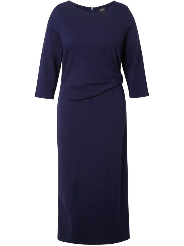 Ulla Popken Dames - Punto midi-jurk gedrapeerd boothals 3/4-mouwen - Marine - Maat 46+