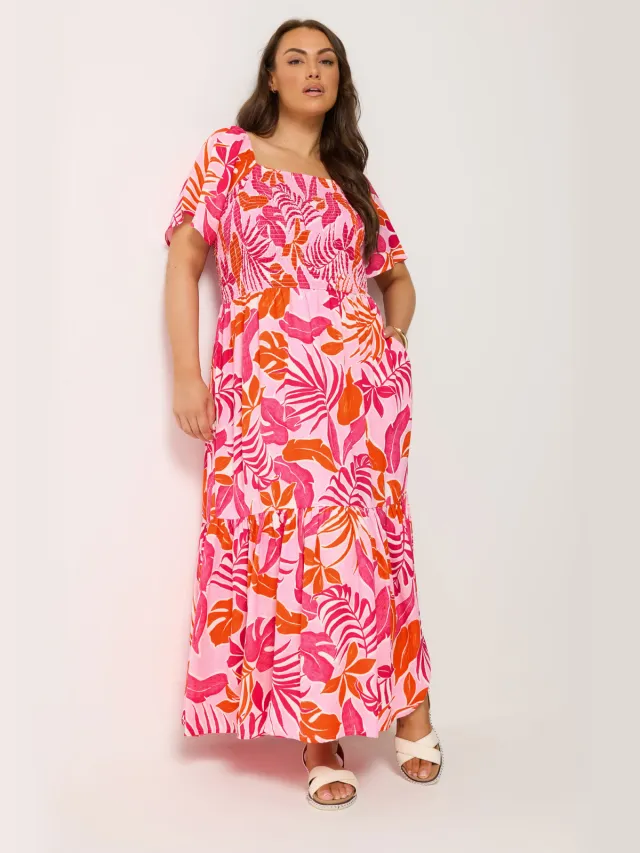 Yours Roze Palmblad Maxijurk Met Smokwerk Pink