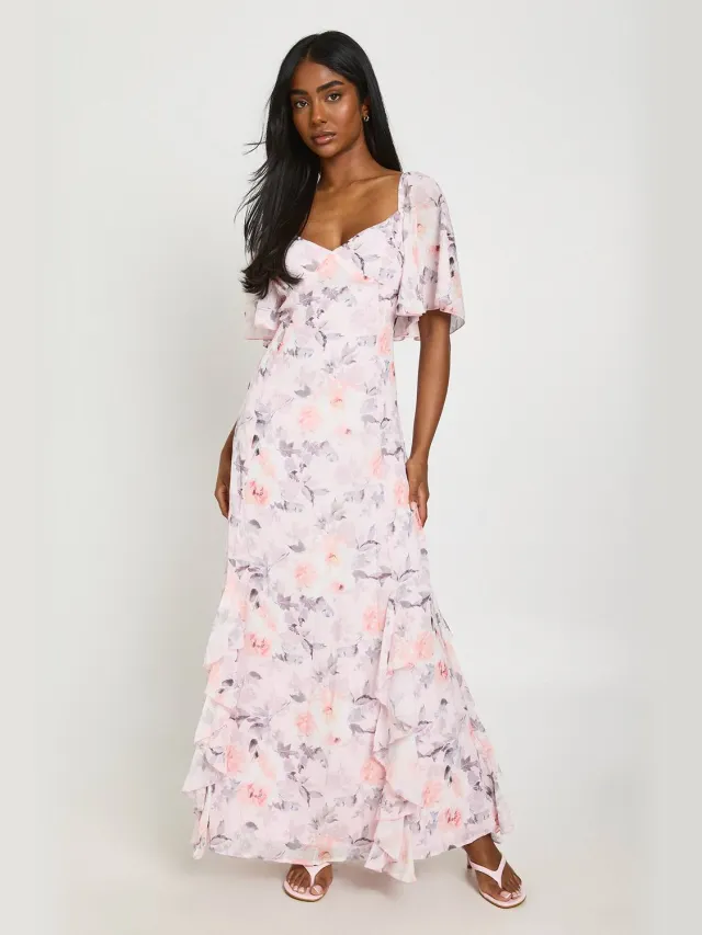 boohoo Dames Gebloemde Chiffon Maxi Jurk Met Halve Mouwen En Ruches Lichtroze