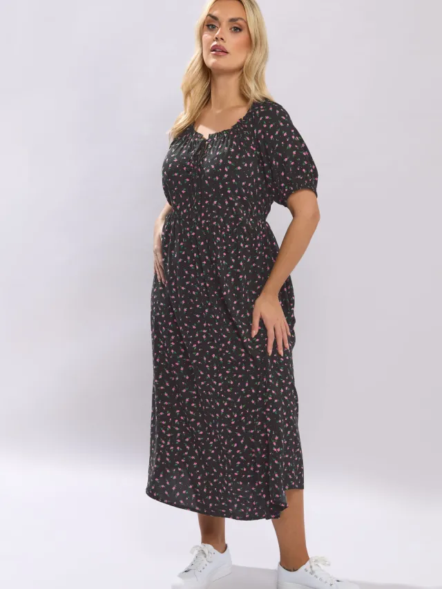 Yours Zwarte Midijurk Met Fijne Bloemenprint-52 Black