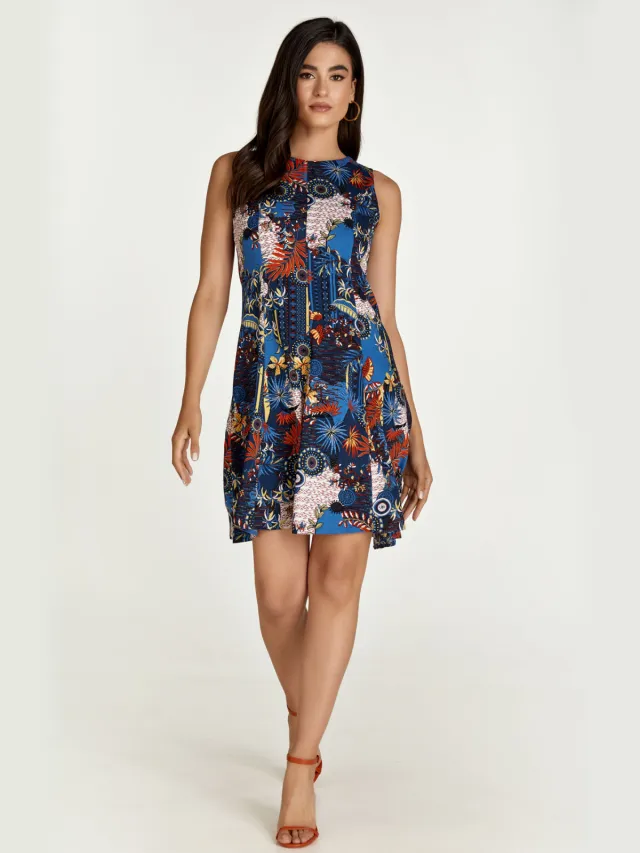 Conquista Navy Flora Print Cloche Dress Blauw/Marineblauw