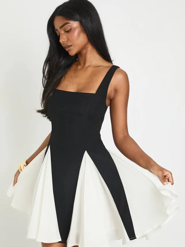 boohoo Dames Mini-jurk Met Tweekleurige Godet Zoom Zwart