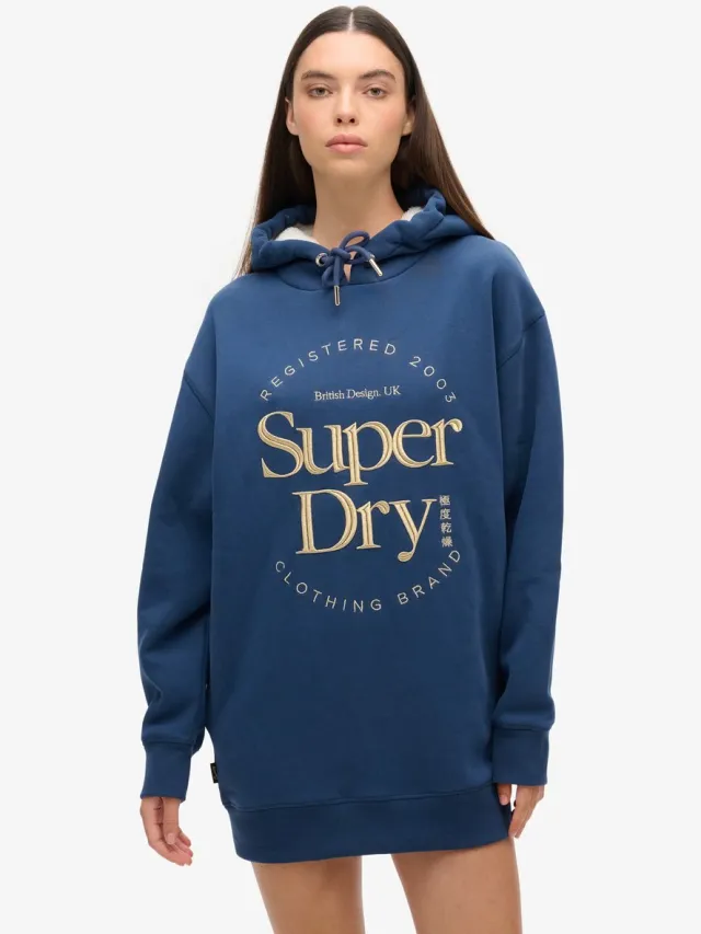 Superdry Luxe jurk met capuchon en metallic logo - Dames - Jurken Sargasso Sea Blue