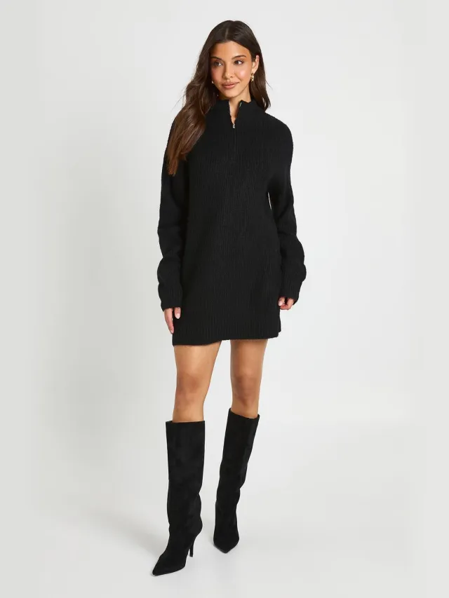 boohoo Dames Zachte Gebreide Oversized Gebreide Jurk Met Ritshalslijn Zwart